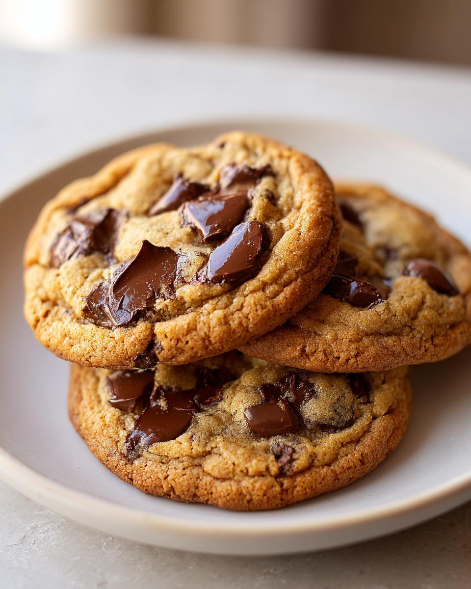 Three perfectly baked brown butter chocolate chip cookies stacked on a light plate, featuring melted chocolate chunks.