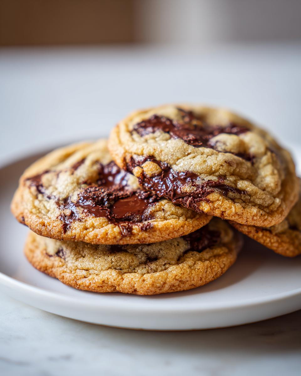 A close-up stack of three gooey brown butter chocolate chip cookies with melted chocolate chunks.