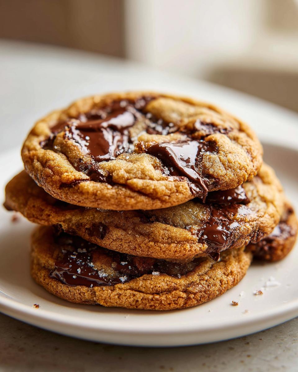 A stack of three gooey brown butter chocolate chip cookies topped with melted chocolate and sea salt.