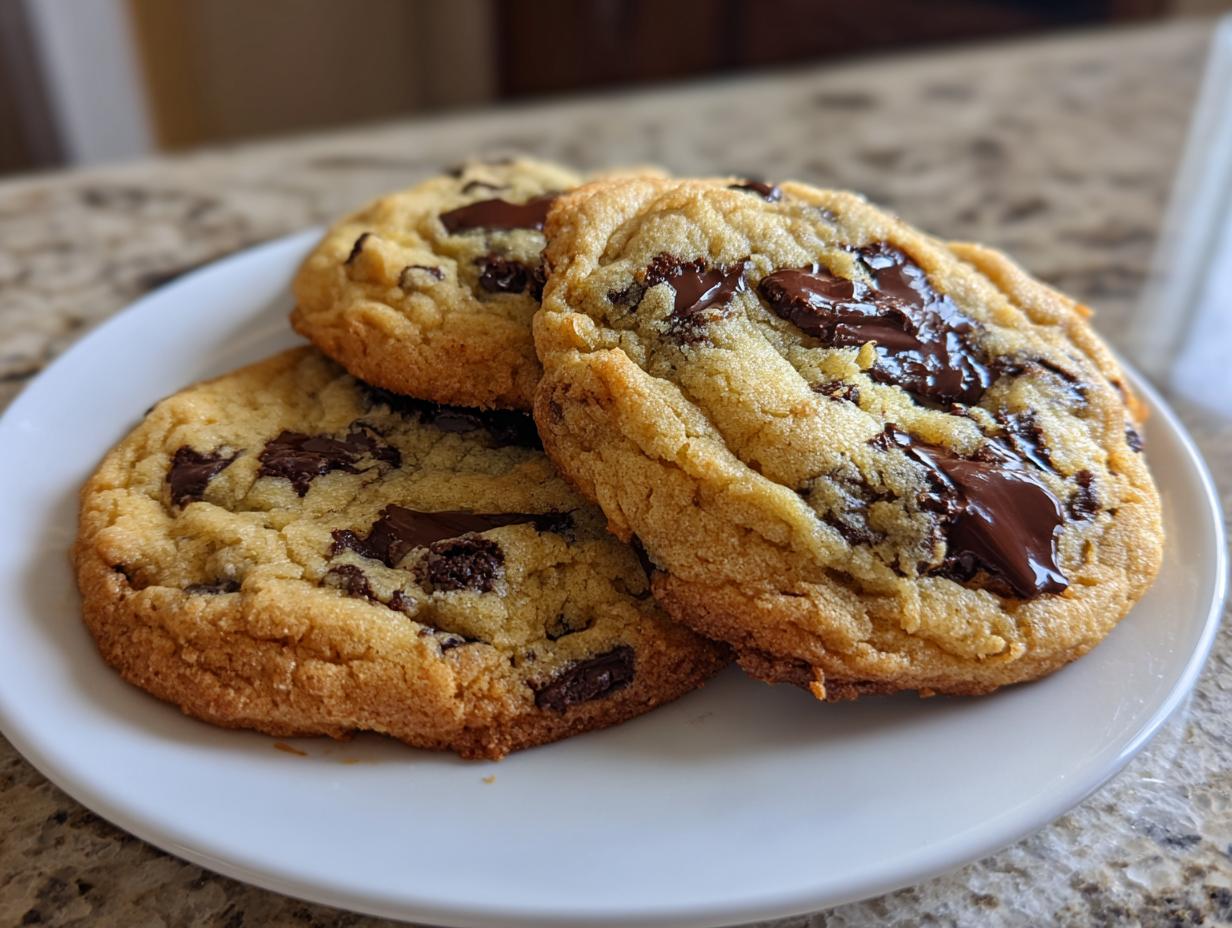 Close-up of three freshly baked brown butter chocolate chip cookies stacked slightly on a white plate.
