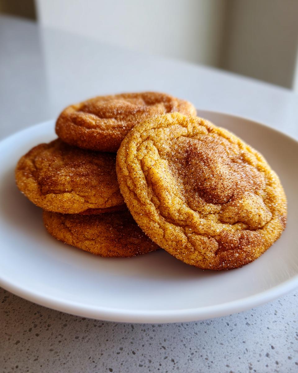 Four soft, golden brown butter sugar cookies coated in cinnamon sugar stacked on a white plate.
