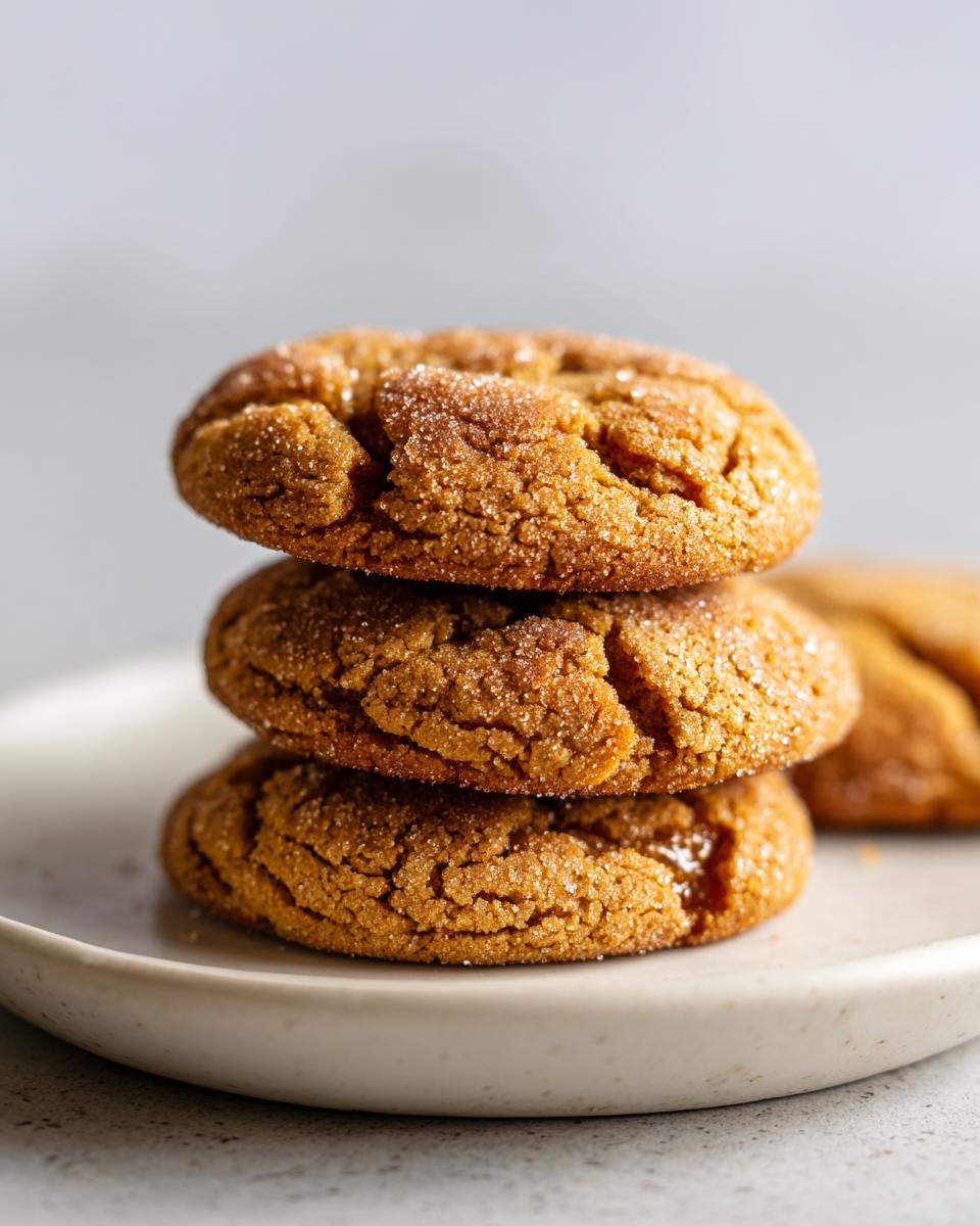A stack of three chewy brown butter sugar cookies, coated in sparkling sugar crystals.
