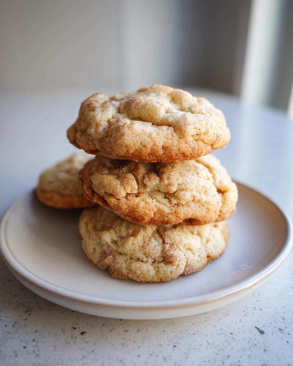 A stack of three soft brown butter sugar cookies rolled in cinnamon sugar, resting on a small white plate.