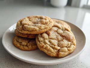 A stack of four chewy brown butter sugar cookies, coated in sparkling sugar, resting on a white plate.