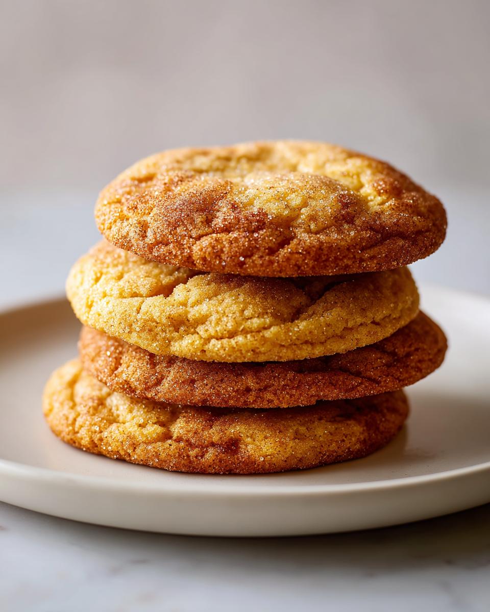 A stack of four perfectly baked brown butter sugar cookies rolled in cinnamon sugar, sitting on a light plate.