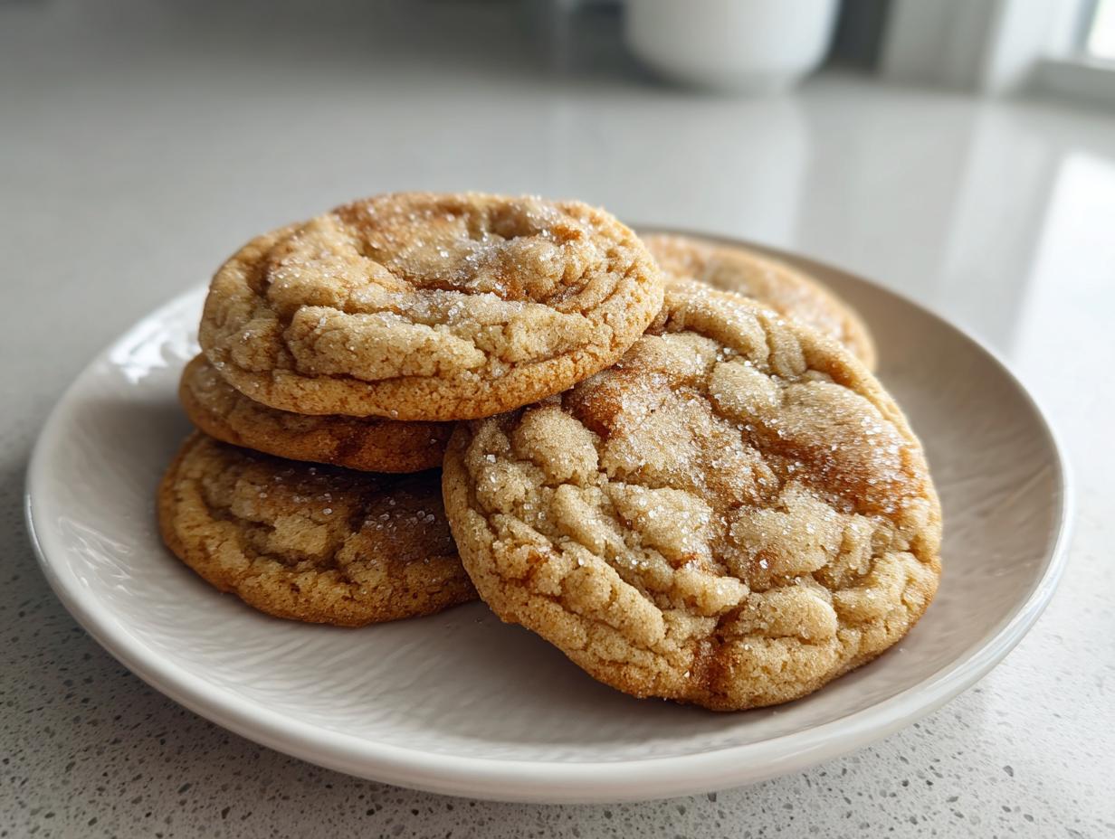 A stack of four chewy brown butter sugar cookies, coated in sparkling sugar, resting on a white plate.