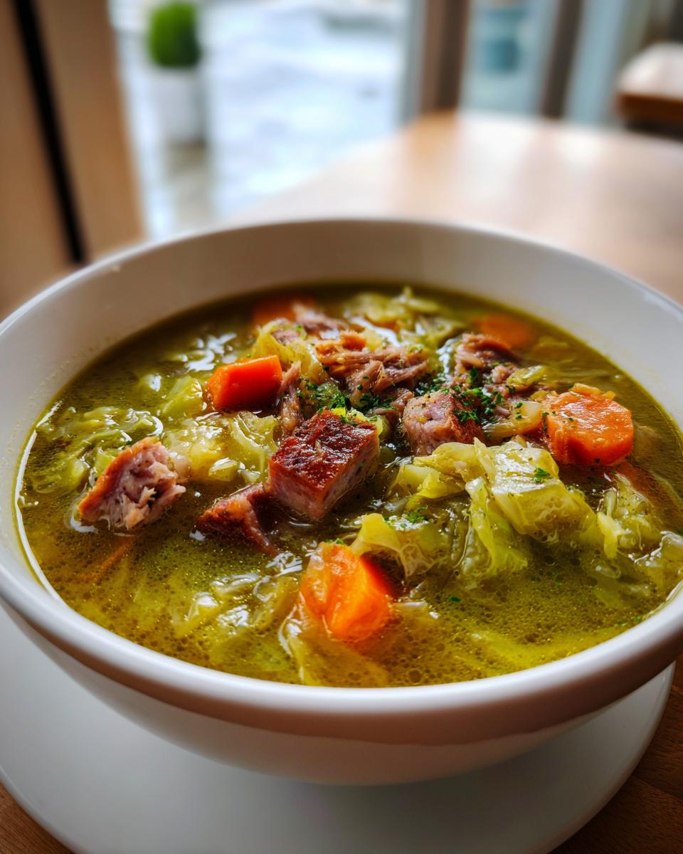 Close-up of a steaming cabbage soup winter bowl filled with shredded cabbage, carrots, and pieces of smoked meat, garnished with parsley.