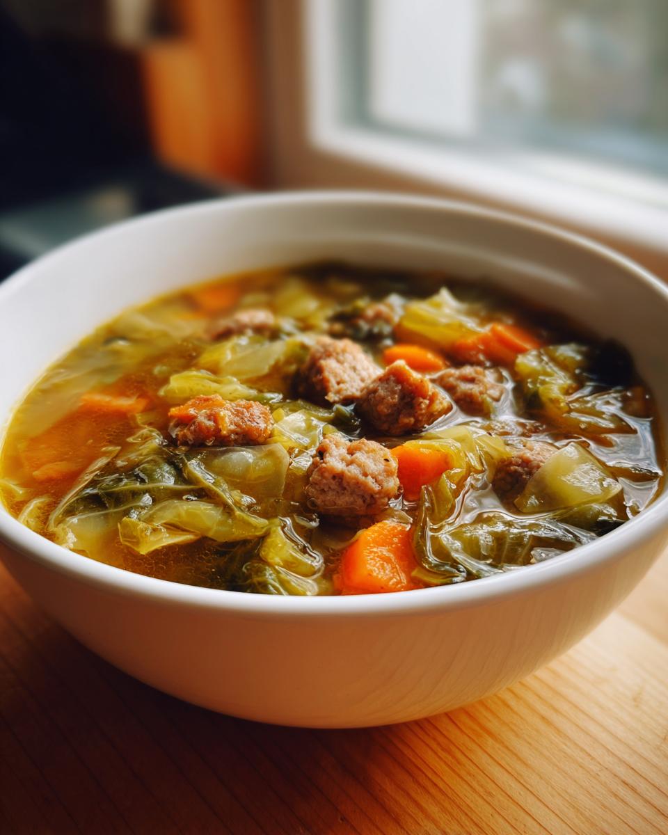 Close-up of a white bowl filled with cabbage soup winter bowl, featuring green cabbage, bright orange carrots, and small meatballs in broth.