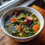 A steaming white bowl filled with vibrant green cabbage soup winter bowl, featuring chunks of sausage and sliced carrots.