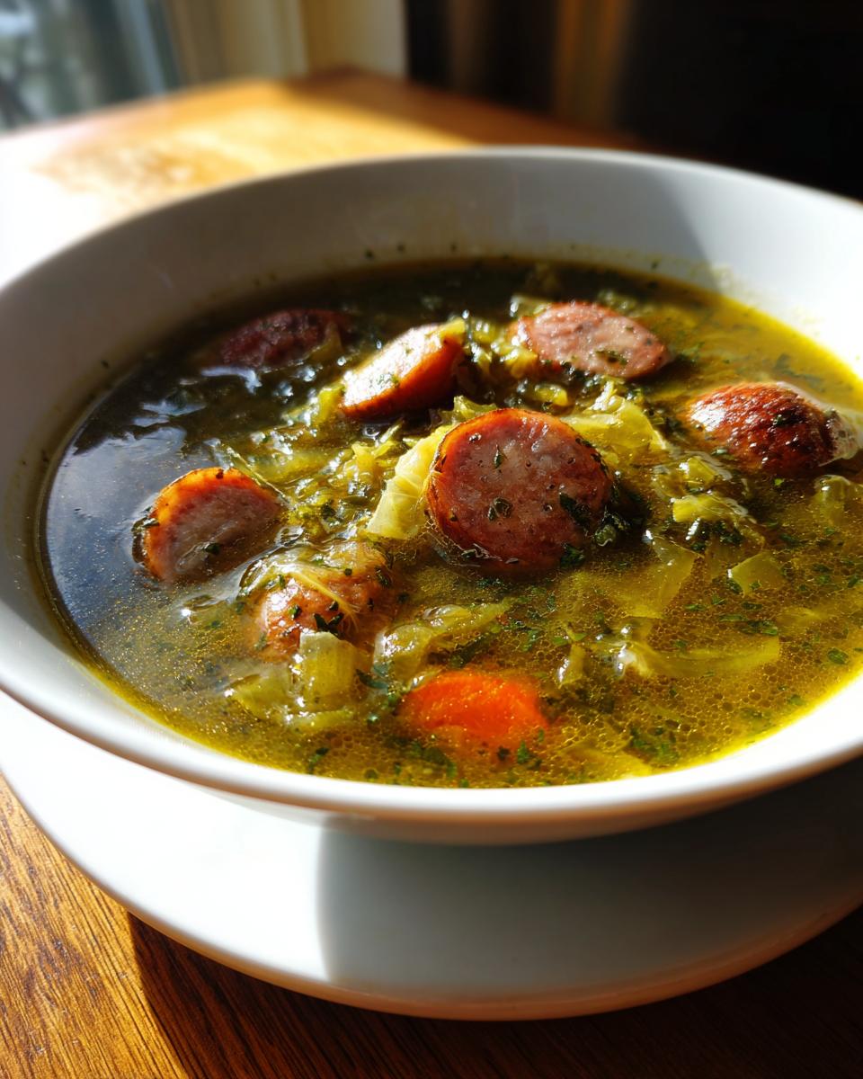 Close-up of a steaming cabbage soup winter bowl, featuring chunks of sausage, cabbage, and carrots in a rich broth.