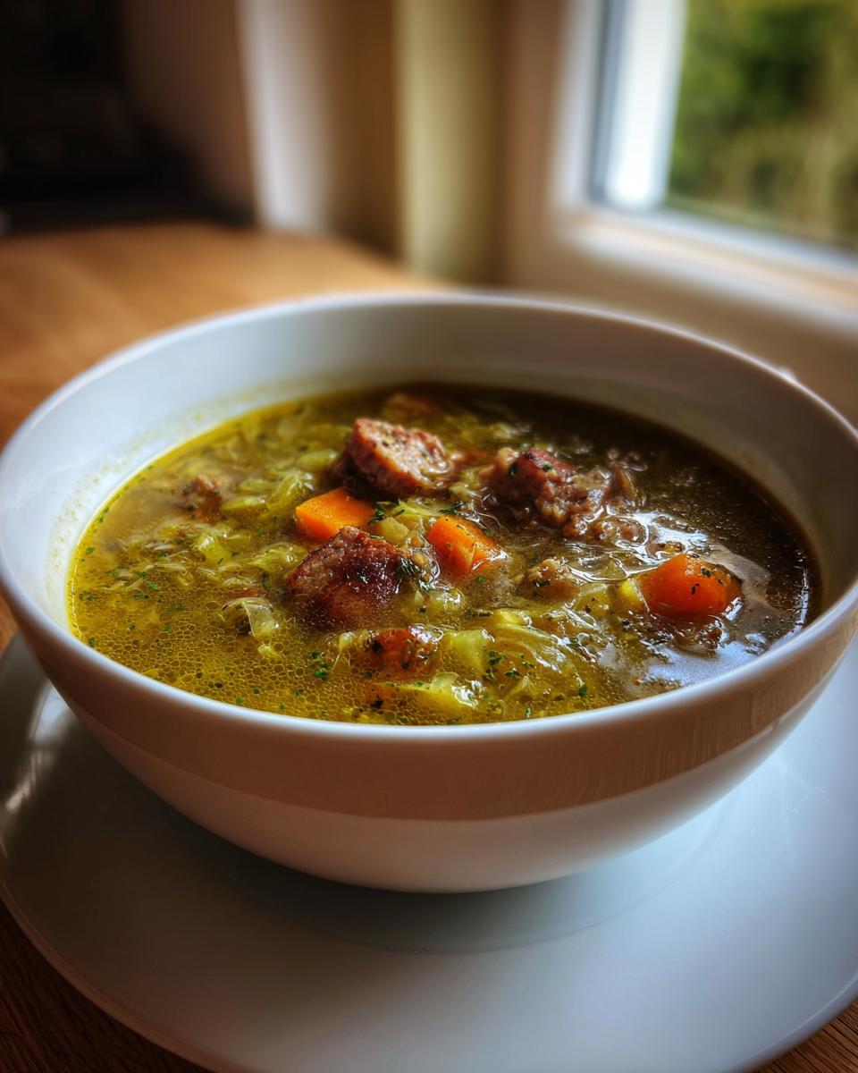 Close-up of a steaming cabbage soup winter bowl featuring shredded cabbage, carrots, and browned sausage chunks in a rich broth.