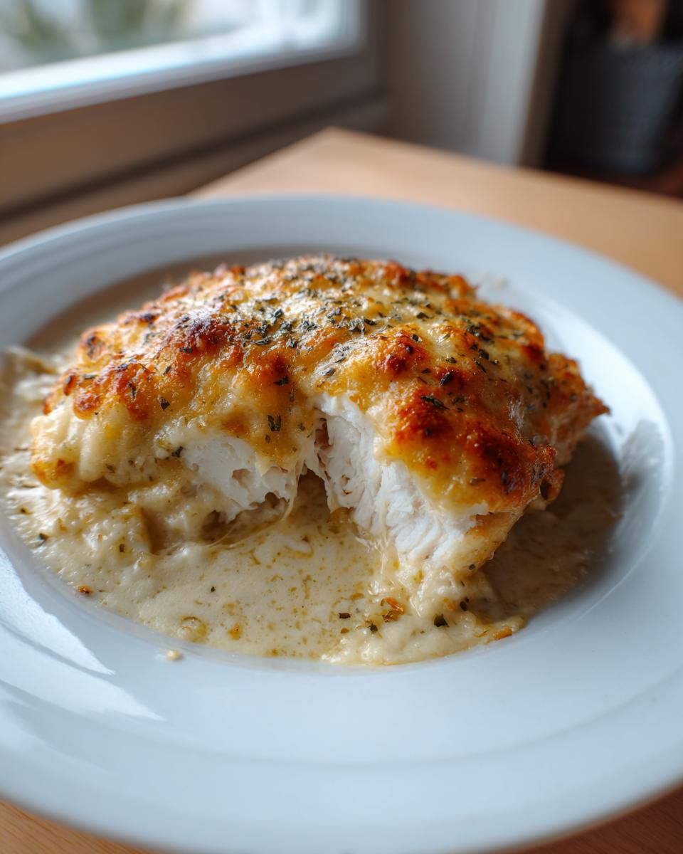 Close-up of a piece of caesar chicken baked with a golden, cheesy crust, served in a creamy sauce.
