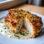 Cross-section of a baked caesar chicken breast showing juicy white meat, creamy filling, and a crispy golden breadcrumb topping.