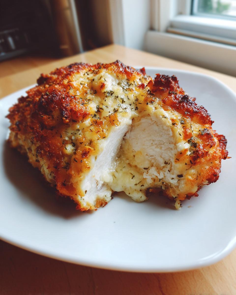 Close-up of a baked caesar chicken breast cut open, revealing melted cheese and a crispy, herbed topping.