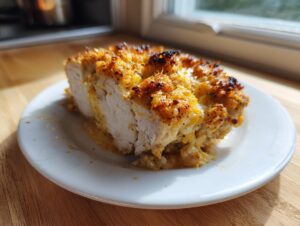 A thick slice of baked caesar chicken with a golden, crispy topping served on a white plate.