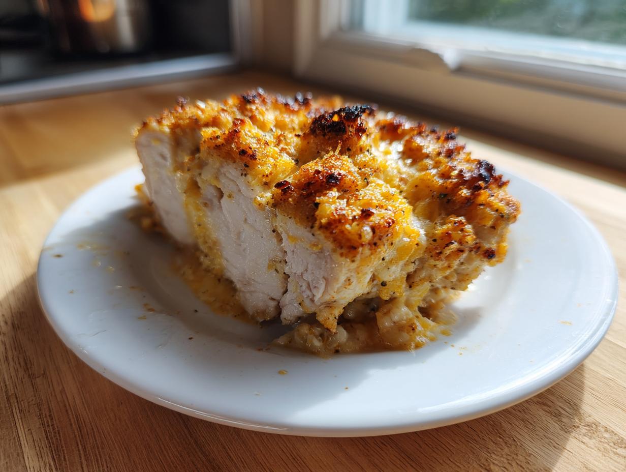 A thick slice of baked caesar chicken with a golden, crispy topping served on a white plate.