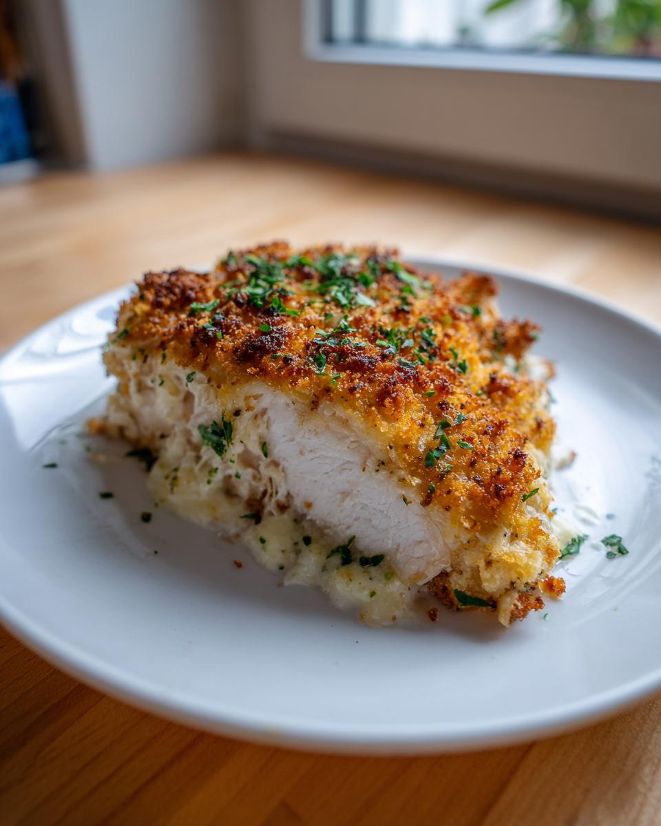 Cross-section of a baked caesar chicken breast showing juicy white meat, creamy filling, and a golden, crispy breadcrumb topping.