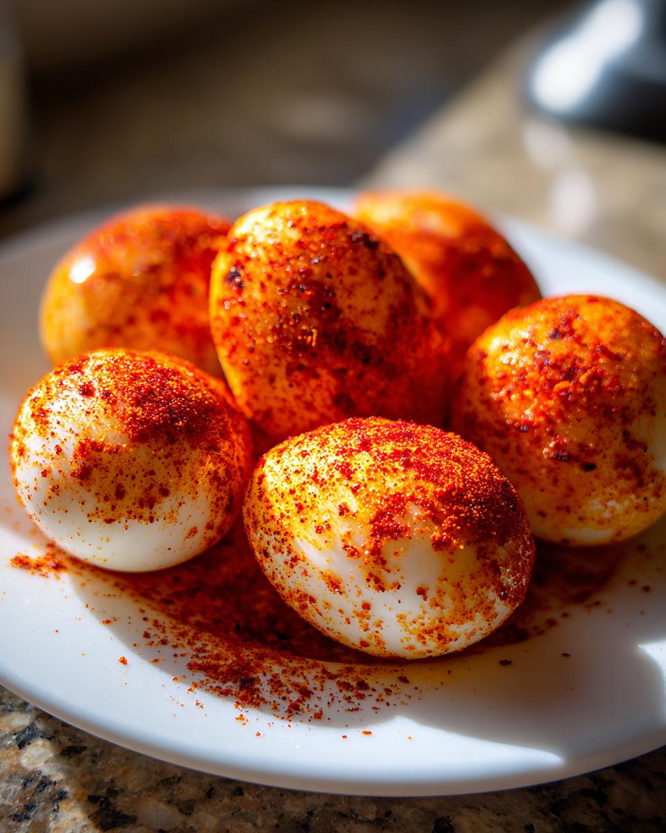 Close-up of several peeled cajun boiled eggs heavily dusted with bright red seasoning mix on a white plate.