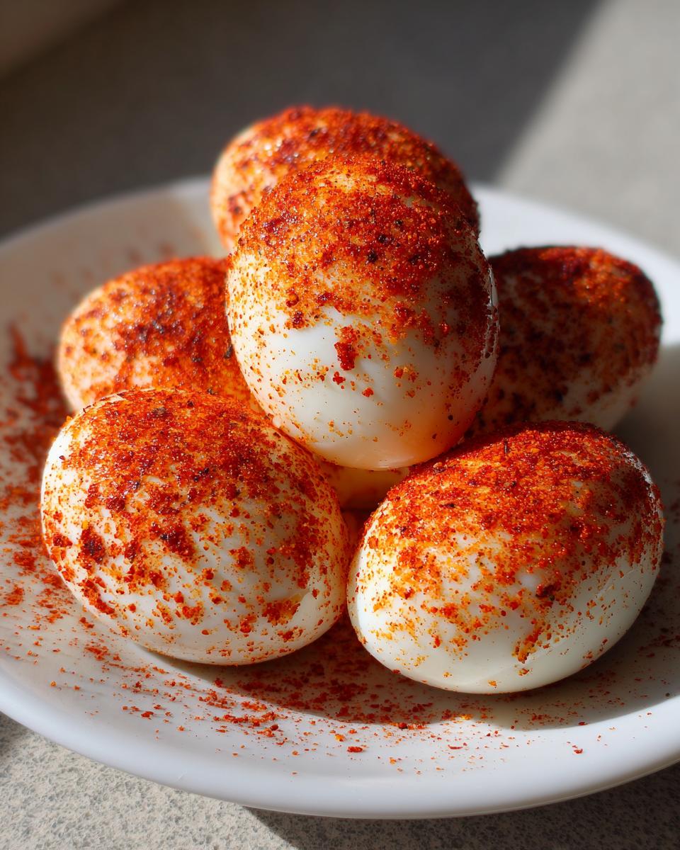 Close-up of several peeled Cajun boiled eggs heavily coated in bright red seasoning powder on a white plate.