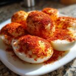 Close-up of several peeled cajun boiled eggs generously coated in bright red Cajun seasoning on a white plate.