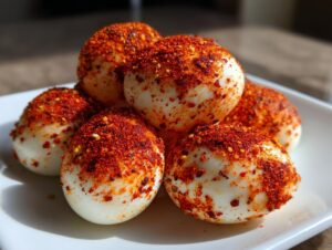 A close-up stack of peeled, hard-boiled eggs heavily coated in bright red Cajun seasoning.