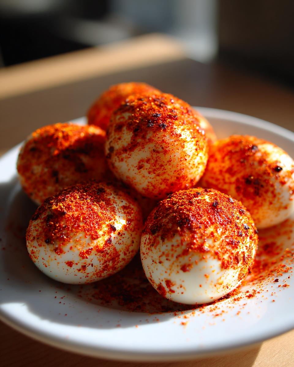 A small white plate holds several peeled, hard-boiled eggs generously coated in bright red Cajun seasoning, showcasing the cajun boiled eggs.
