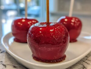 Close-up of a glossy, bright red candy-coated caramel apple with a stick, sitting on a white plate with two others blurred in the background.