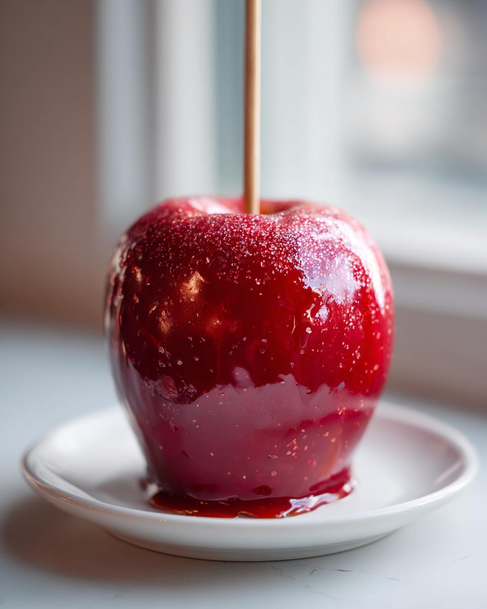 A glossy, deep red candy-coated caramel apples on a stick, resting on a small white plate.