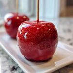 Close-up of a vibrant red candy-coated caramel apples with a glossy finish and gold speckles, served on a white dish.