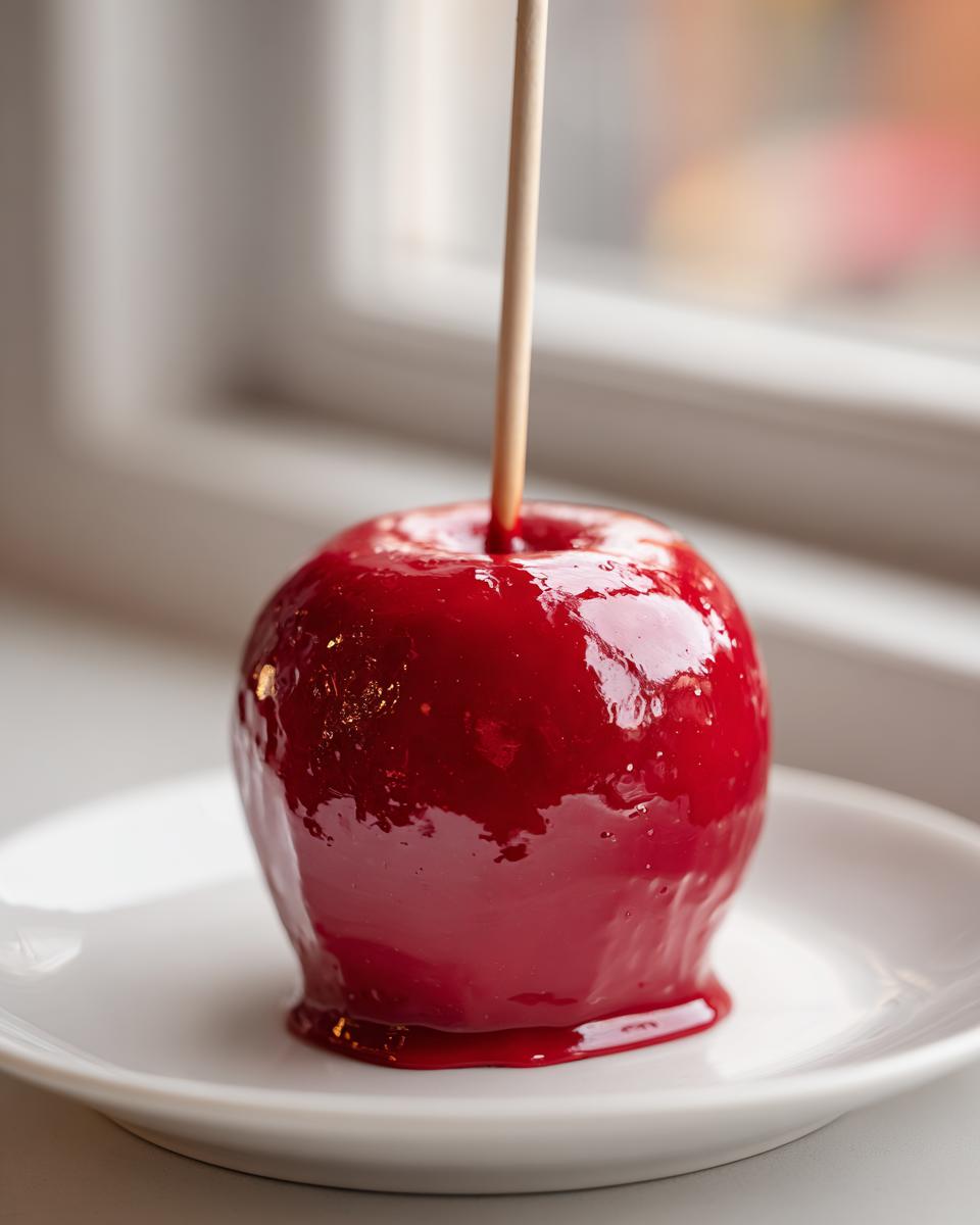 A glossy, bright red candy-coated caramel apples sitting on a white plate with a wooden stick inserted.