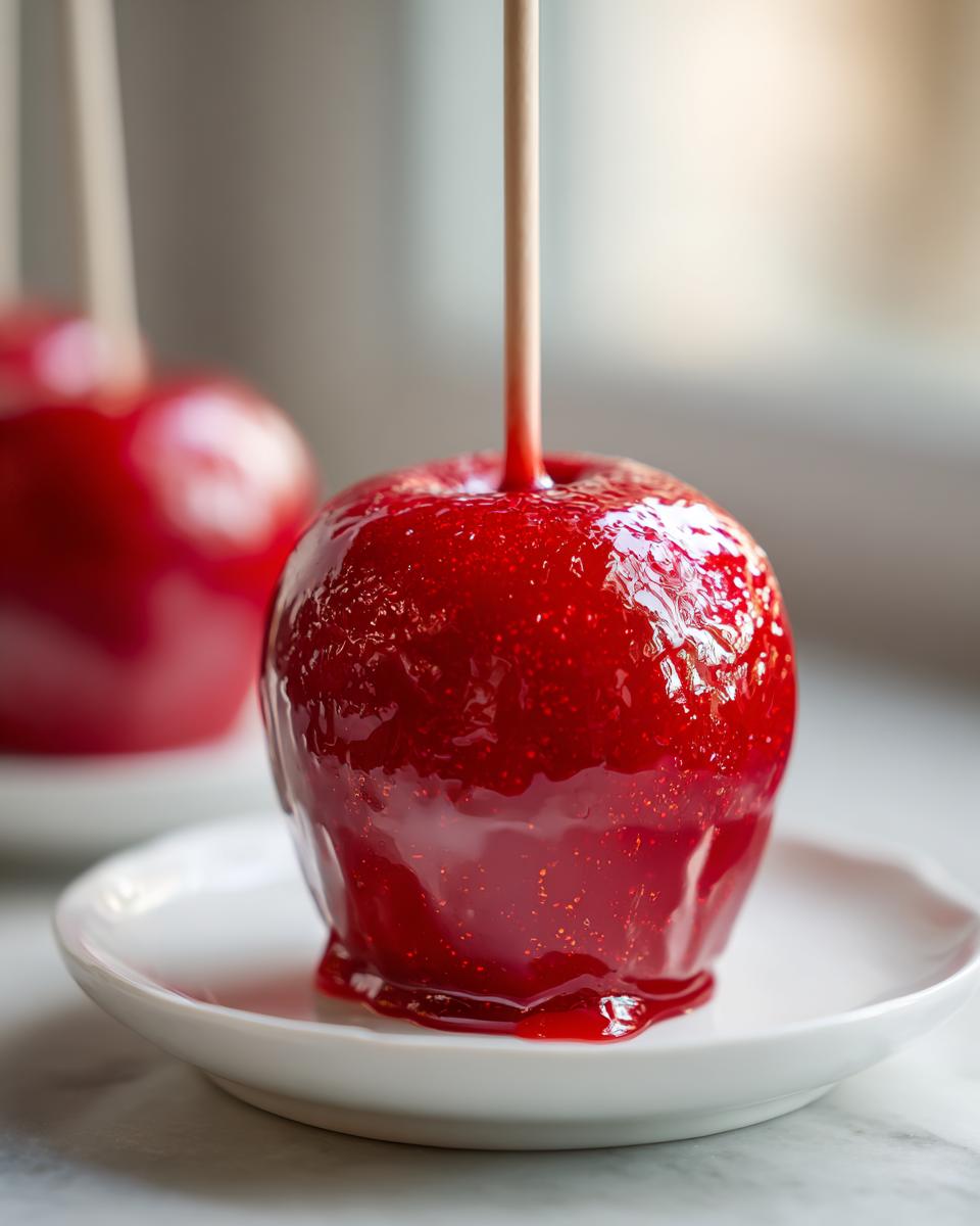 Close-up of a glossy, bright red candy-coated caramel apples on a stick, resting on a small white plate.