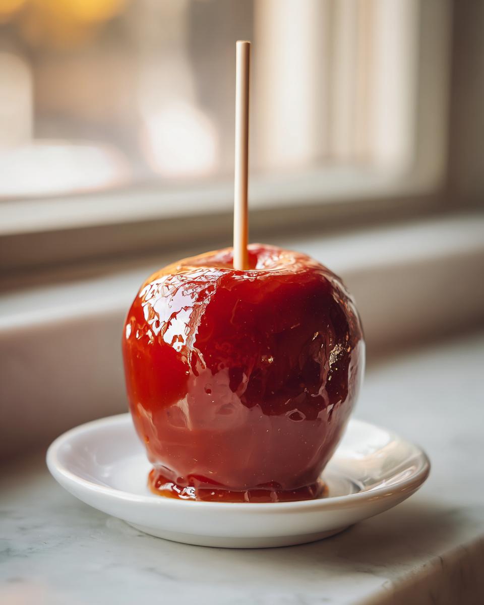 A glossy, bright red candy-coated caramel apples resting on a small white saucer indoors.