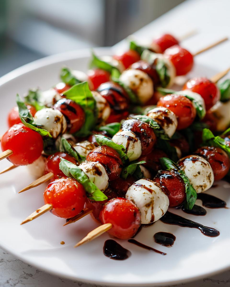 A pile of fresh caprese skewers featuring cherry tomatoes, mozzarella balls, and basil, drizzled heavily with balsamic glaze.
