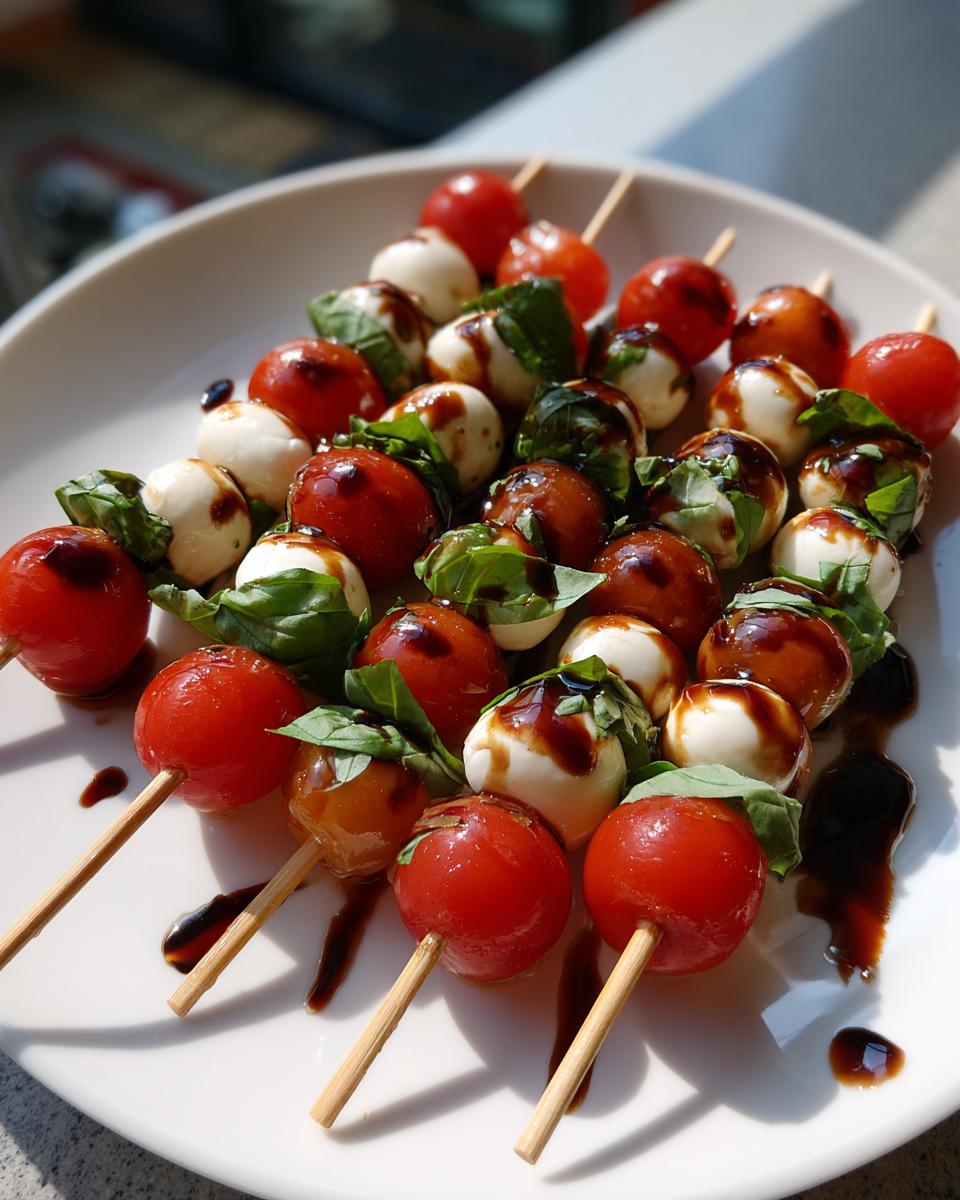 Close-up of several caprese skewers featuring cherry tomatoes, mozzarella balls, and basil, drizzled with balsamic glaze.
