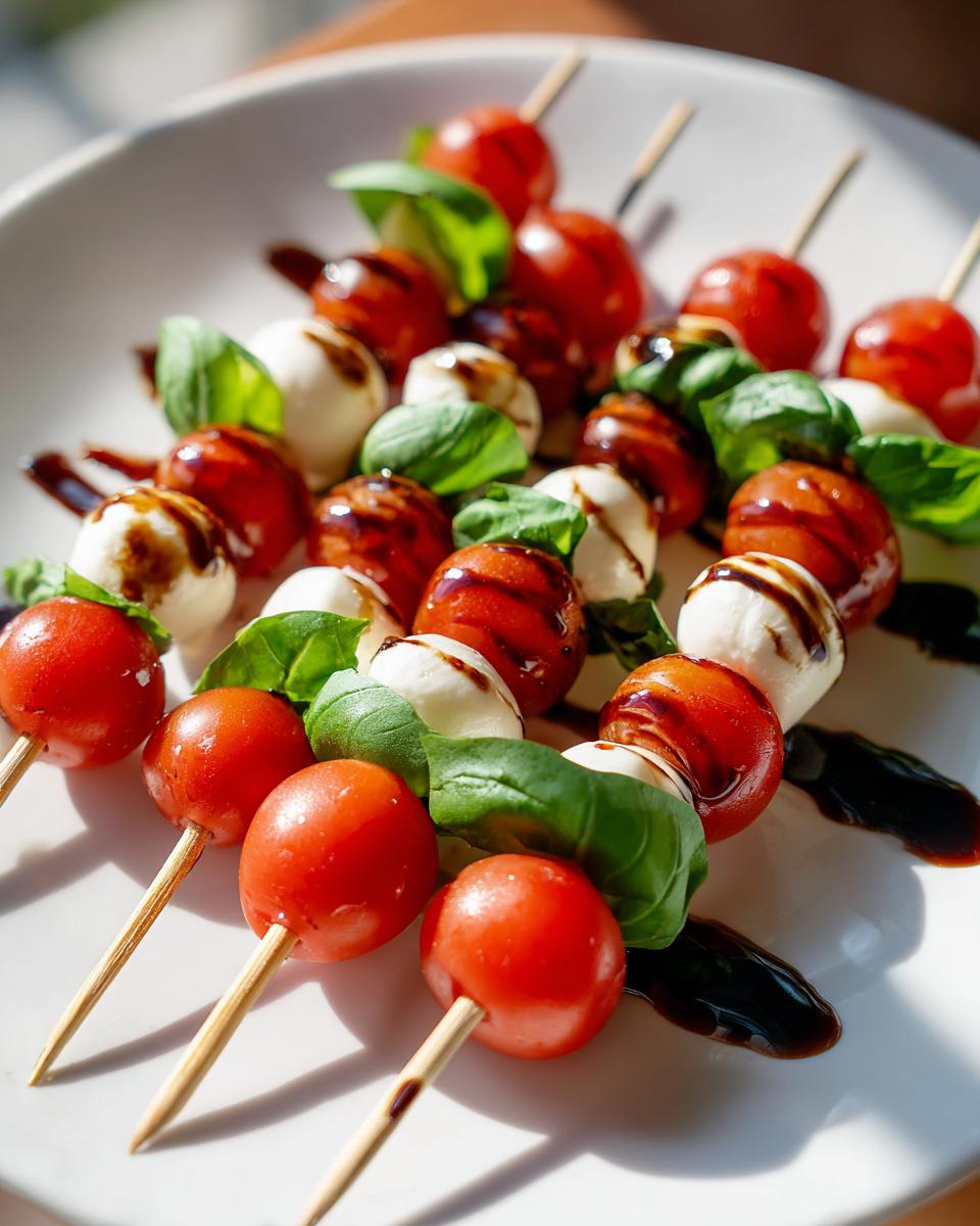 Close-up of several caprese skewers featuring cherry tomatoes, mozzarella balls, and basil leaves drizzled with balsamic glaze.