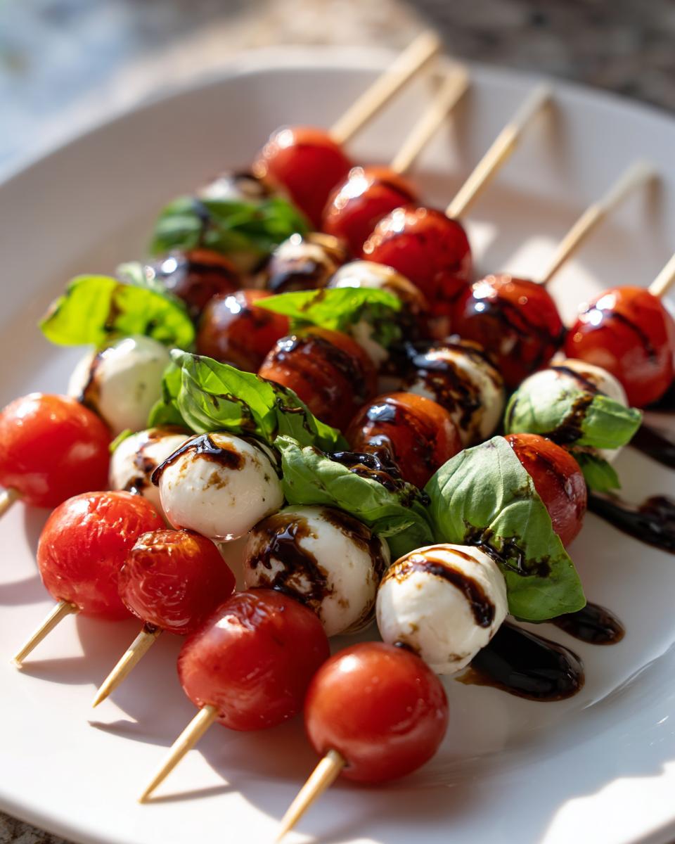 Close-up of several caprese skewers featuring cherry tomatoes, mozzarella balls, and basil drizzled with balsamic glaze.