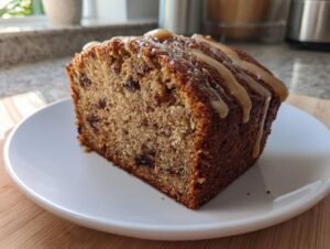 A close-up of a moist slice of cardamom date cake topped with a rich caramel drizzle, served on a white plate.