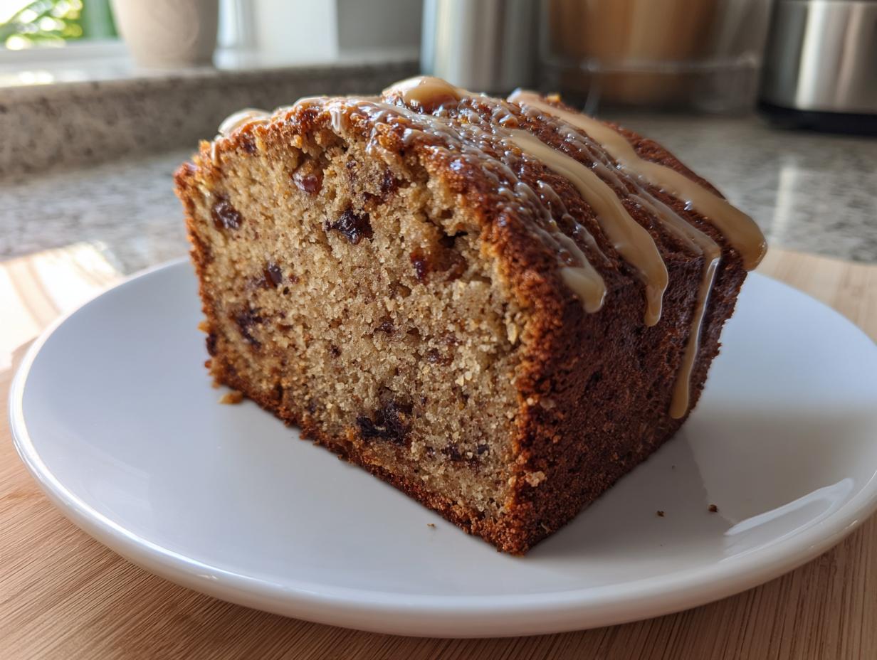 A close-up of a moist slice of cardamom date cake topped with a rich caramel drizzle, served on a white plate.