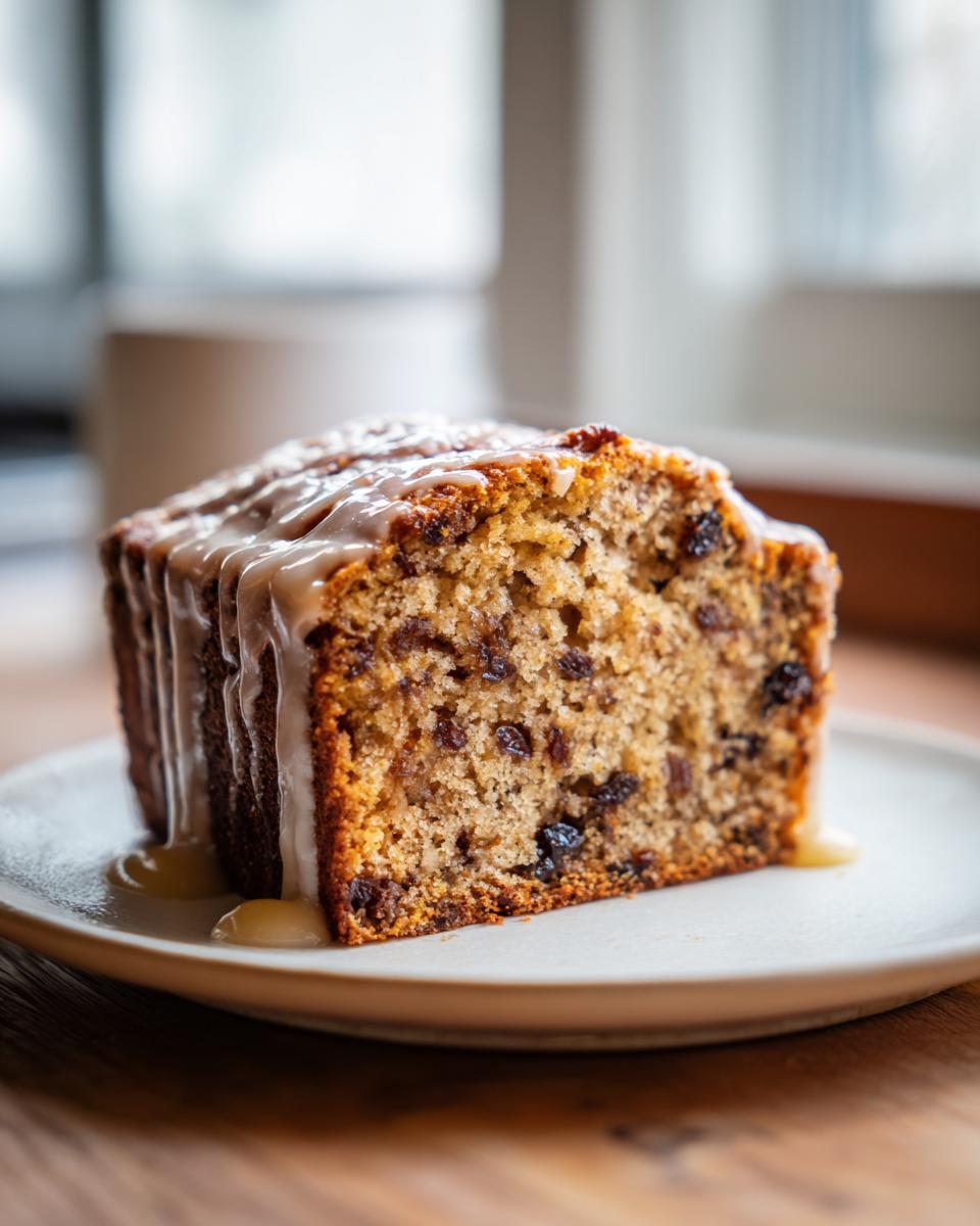 A close-up of a moist slice of cardamom date cake, topped with a dripping caramel glaze.