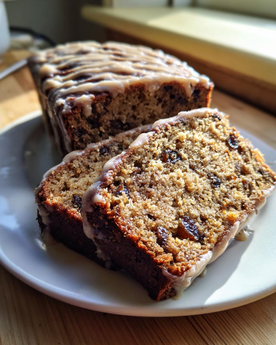 Two slices of moist cardamom date cake with visible raisins, topped with a light brown glaze, resting on a white plate.
