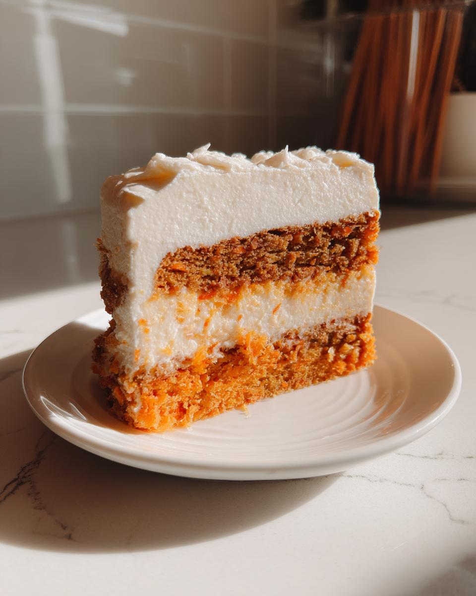 A tall slice of carrot cake cheesecake with visible layers of orange cake and white cream cheese filling, topped with thick frosting.
