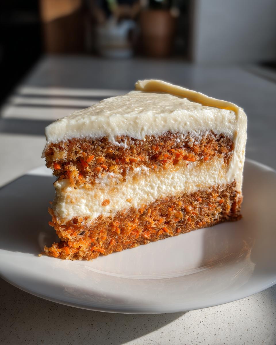 A tall slice of carrot cake cheesecake featuring two layers of spiced cake and a thick cheesecake layer, topped with cream cheese frosting.