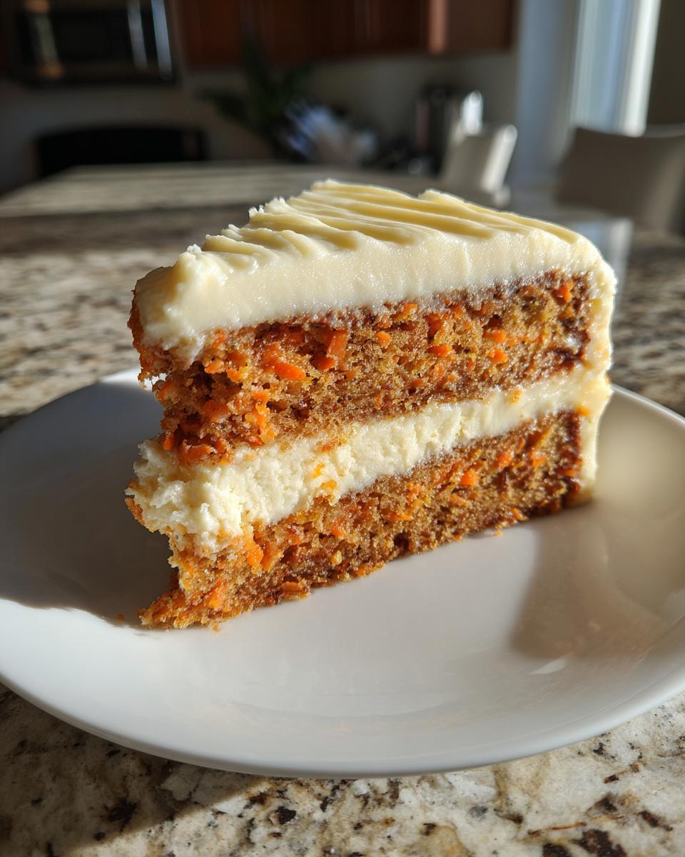 A tall slice of carrot cake cheesecake featuring two layers of spiced cake and a thick cheesecake filling, topped with cream cheese frosting.