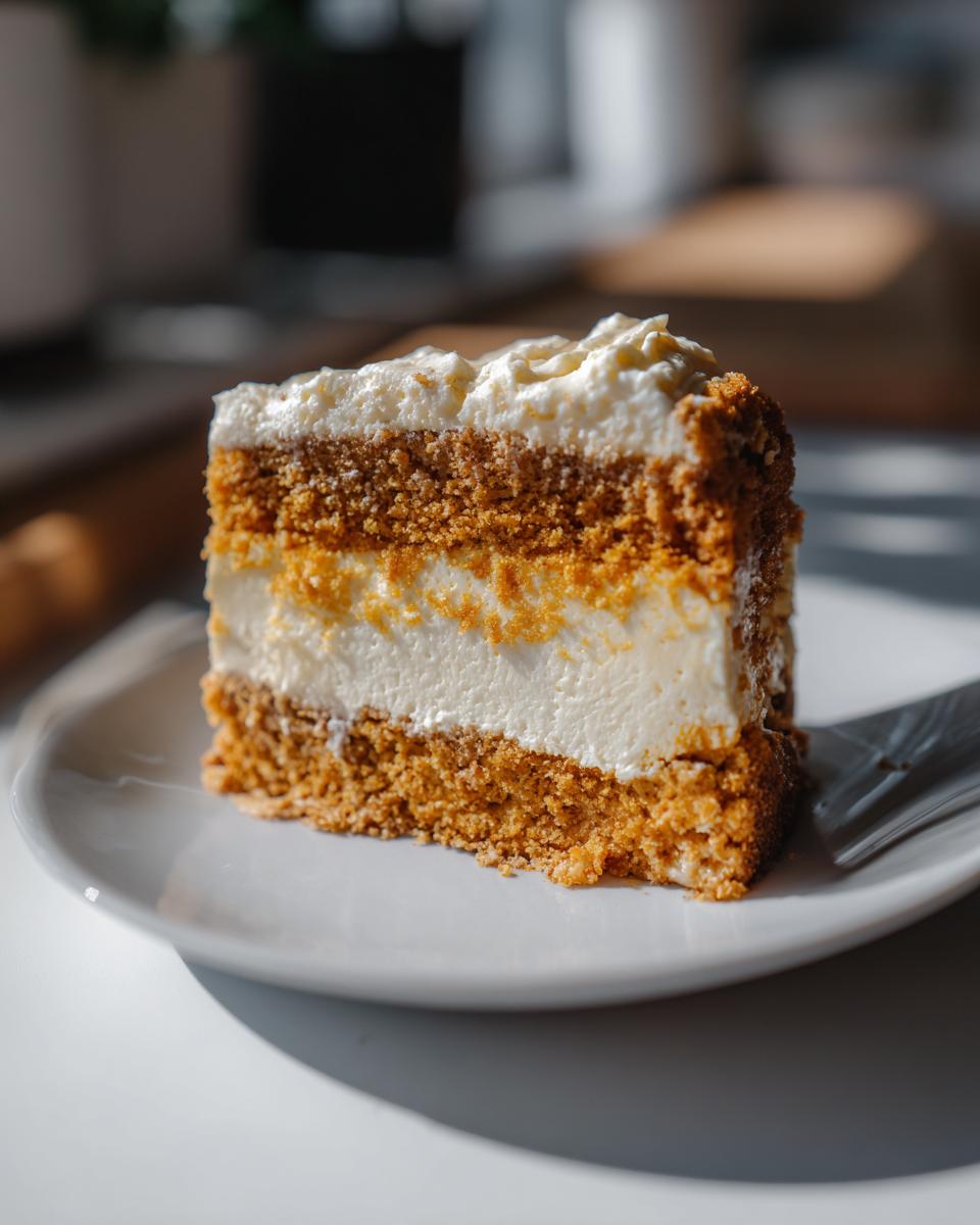 A close-up of a layered slice of carrot cake cheesecake on a white plate, featuring cake, cheesecake filling, and frosting.