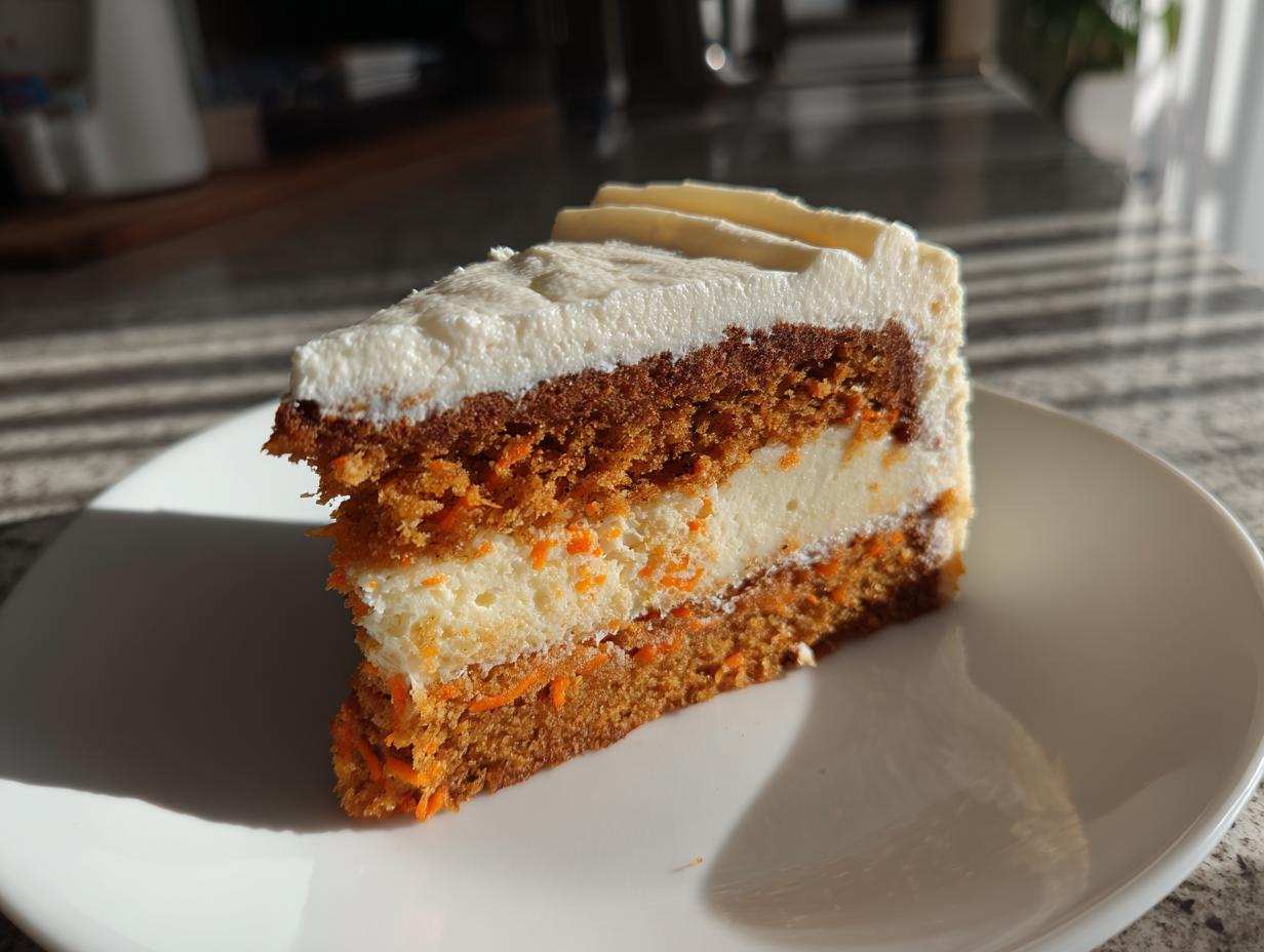 A tall, layered slice of carrot cake cheesecake topped with white frosting sits on a white plate.