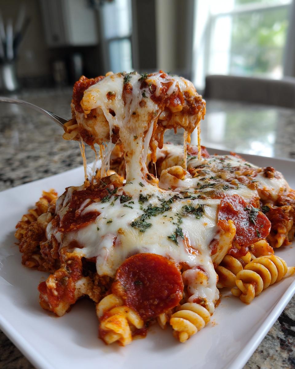 A fork lifts a portion of pizza pasta bake, showing extreme cheese pull over pasta, sauce, and pepperoni.