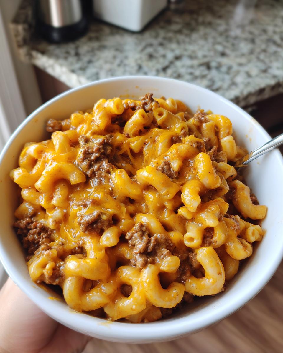 Close-up of a white bowl filled with macaroni noodles coated in a rich, cheesy sauce and ground beef, representing cheeseburger pasta.