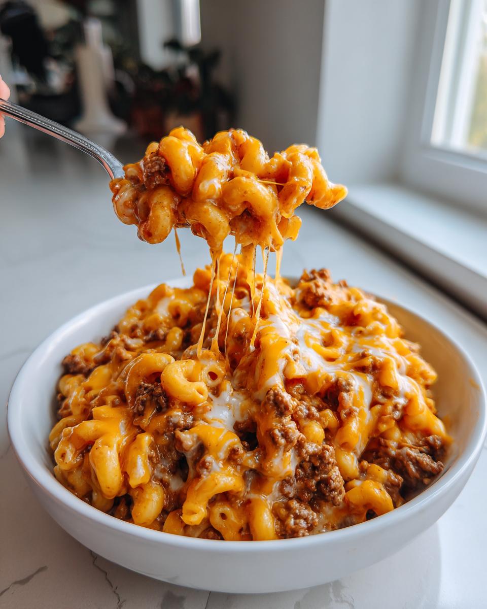 A spoonful of cheesy cheeseburger pasta being lifted from a white bowl, showing melted cheese strings.
