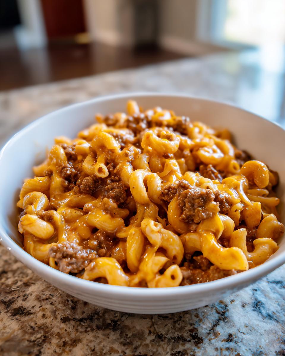 Close-up of a white bowl filled with creamy, cheesy cheeseburger pasta mixed with seasoned ground beef.