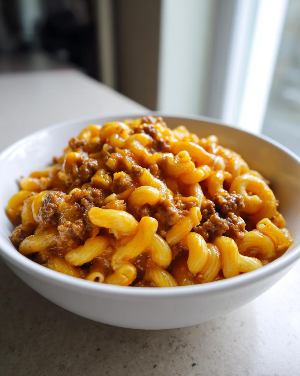A close-up of a white bowl filled with creamy, cheesy cheeseburger pasta mixed with seasoned ground beef.